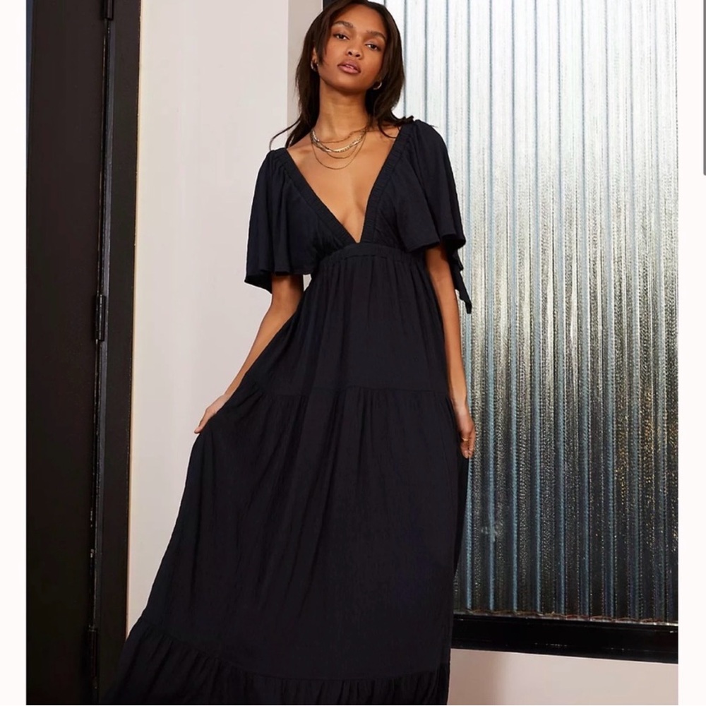 FP Movement by Free People Black Deep V Maxi Dress with Flutter Sleeves